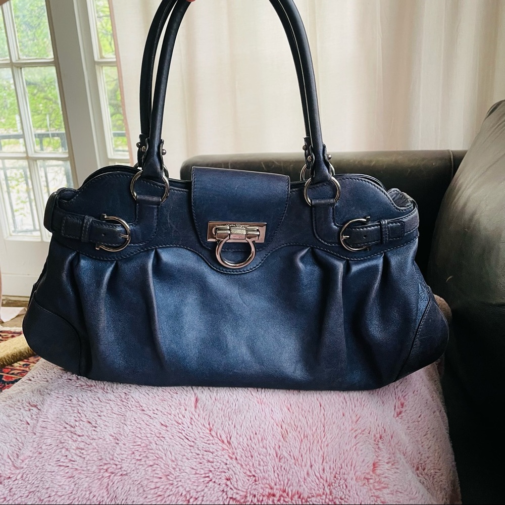 Salvatore Ferragamo Navy Marisa Leather Shoulder Bag